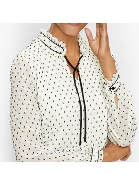 Talbots Ruffle Neck Blouse Embroidered Swiss Dots Long Sleeves Petite XS - S